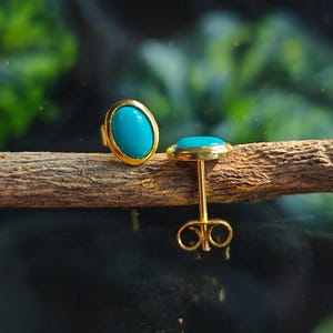 Puede incluir: Un par de pendientes de botón dorados con piedras ovales de color turquesa. Los pendientes están engastados en un bisel dorado y tienen un cierre de poste y mariposa. Los pendientes se exhiben en una rama de madera.