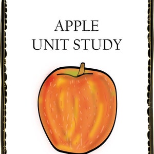Könnte beinhalten: Eine druckbare Deckblatt für eine Unterrichtseinheit mit dem Text "APPLE UNIT STUDY" in schwarzer Schrift auf weißem Hintergrund. Ein roter Apfel mit grünem Stiel befindet sich in der Mitte der Seite. Der Text "Createfully Living" befindet sich am unteren Rand der Seite.
