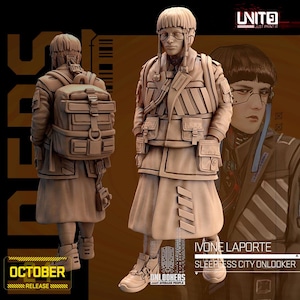 Puede incluir: Figura impresa en 3D de Ivone Laporte, una observadora de la ciudad sin sueño, con un atuendo futurista con mochila y múltiples bolsillos. La figura es de color neutro, con el texto "OCTOBER RELEASE" y "ONLOOKERS JUST AVERAGE PEOPLE". También es visible el logotipo "LNITO JUST PRINT IT".