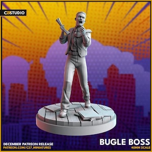 Puede incluir: Figura gris impresa en 3D de un hombre con traje, sosteniendo una trompeta y gritando. La figura está sobre una base circular con escombros, sobre un fondo de estilo cómic. Texto: "BUGLE BOSS" y "40mm Scale".