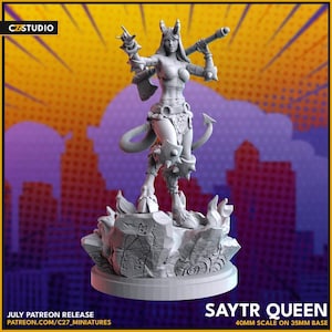 May include: A grey 3D-printed Saytr Queen miniature figure. The figure is a female satyr with horns, a tail, and armour, holding a weapon. The base is a rocky terrain. The text "SAYTR QUEEN" is at the bottom.