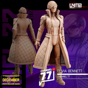 Puede incluir: Una figura impresa en 3D de Olivia Bennett de Channel 77, con un atuendo futurista que incluye un abrigo largo, leggings y botas de tacón alto. La figura es de color neutro, con el texto "Channel 77" y "December Release" visibles.