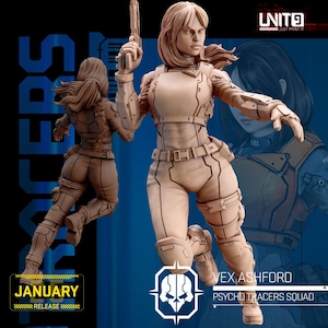Puede incluir: Figura de color beige de un personaje femenino con un atuendo futurista, sosteniendo un arma. La figura está en una pose dinámica, con una segunda figura en el fondo. La imagen incluye el texto "Vex Ashford, Psycho Tracers Squad" y "January Release."