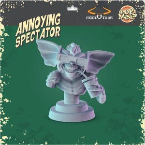 May include: A light gray bust of a creature wearing 3D glasses and holding a drink with a straw. The bust is on a pedestal. The words "ANNOYING SPECTATOR" are printed on the top of the image.
