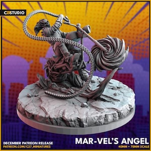 May include: A detailed miniature sculpture of a figure riding a motorcycle, with a swirling vortex design on the side. The sculpture is on a rocky base. Text on the base reads "MAR-VEL'S ANGEL" and "40MM + 75MM SCALE".