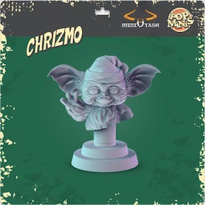 May include: A light gray bust of the character "Chrizmo" from the Pop Minis collection. The bust features large ears, a Santa hat, and a detailed facial expression. The bust is mounted on a round pedestal.