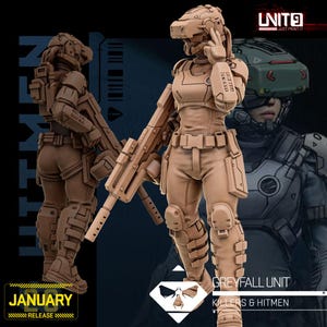 Könnte beinhalten: Eine hellbraune Greyfall Unit-Figur, die ein Gewehr hält, mit einem futuristischen Helm und Rüstung. Die Figur befindet sich in einer dynamischen Pose, mit einer zweiten Figur im Hintergrund. Der Text "January Release" und "Killers & Hitmen" ist enthalten.
