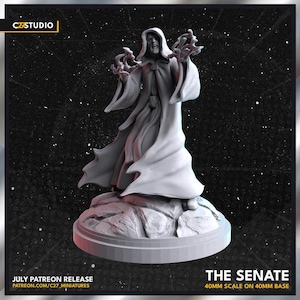 May include: A grey miniature figure of a robed character with outstretched hands. The figure is standing on a rocky base. The text "THE SENATE" and "40mm scale on 40mm base" are visible. The image also includes the text "JULY PATREON RELEASE".