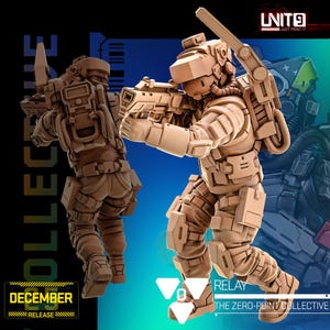 May include: Tan-colored action figures of soldiers in futuristic armor, one aiming a weapon. The figures are part of "The Zero-Point Collective" and the "December Release." The image includes the text "RELAY" and "COLLECTIVE."