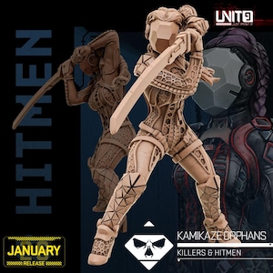 Puede incluir: Figura de color beige de una guerrera sosteniendo una espada, con intrincados detalles de armadura. La imagen incluye el texto "HITMEN" y "KAMIKAZE ORPHANS" con un logotipo de calavera, y "JANUARY 25 RELEASE".