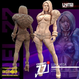 Könnte beinhalten: Eine 3D-gerenderte Figur einer Frau in einem futuristischen Outfit, mit einem Pelzkragen und High Heels. Das Bild enthält den Text "CHANNEL 77" und "LUNA VEGA". Die Figur ist in einer neutralen Farbe, mit einem lila Hintergrund.