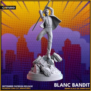 Puede incluir: Figura en miniatura gris de una persona en pose dinámica, sosteniendo un bastón sobre su cabeza. La figura está de pie sobre un montón de escombros. Las palabras "BLANC BANDIT" se muestran en la parte inferior, junto con "40MM SCALE ON 35MM BASE".