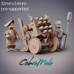 Peut inclure: Une scène miniature marron clair avec deux personnages de canard anthropomorphes et une pièce d'artillerie en bois. Les personnages sont vêtus de vêtements d'époque. La pièce d'artillerie a plusieurs projectiles. Le texte "32mm+54mm pre-supported" est en haut. Le logo "CobraMode Miniatures" est en bas.