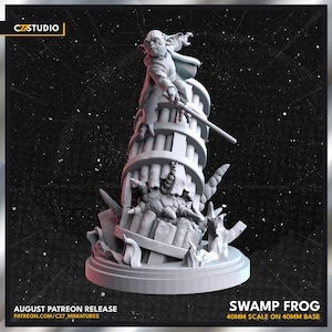 Puede incluir: Miniatura impresa en 3D de un Swamp Frog, una figura con forma de criatura sobre una estructura escalonada. La figura sostiene un bastón. La base mide 40 mm. El texto dice "August Patreon Release" y "CZSTUDIO".