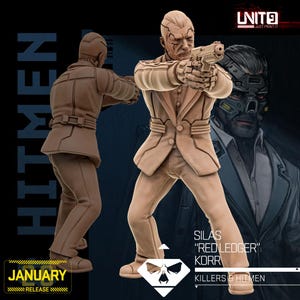 Puede incluir: Imagen promocional de una figura impresa en 3D de Silas "Red Ledger" Korr de la serie "Killers & Hitmen". La figura lleva un traje color beige y sostiene una pistola. La imagen incluye el texto "HITMEN", "JANUARY RELEASE" y el logotipo de la empresa de impresión.