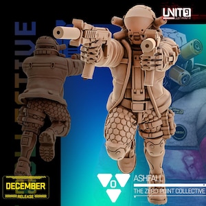 Puede incluir: Una figura beige de un soldado futurista sosteniendo dos armas, con una segunda figura en el fondo. La figura lleva un casco, una chaqueta y pantalones con un patrón hexagonal. El texto "ASHFALL" y "THE ZERO-POINT COLLECTIVE" son visibles.