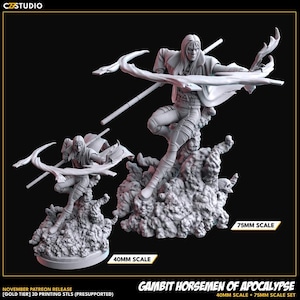 Puede incluir: Una figura de Gambit impresa en 3D de la serie Horsemen of Apocalypse. La figura se muestra en una pose dinámica, con un bastón y una capa fluida. La imagen incluye dos escalas: 40 mm y 75 mm. El texto dice "Gambit Horsemen of Apocalypse".