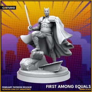 Puede incluir: Figura gris impresa en 3D de un superhéroe con una espada, de pie sobre una base de roca. La figura lleva una máscara, capa y armadura. La base tiene el texto "FIRST AMONG EQUALS" y "40MM SCALE". El fondo es de estilo cómic.