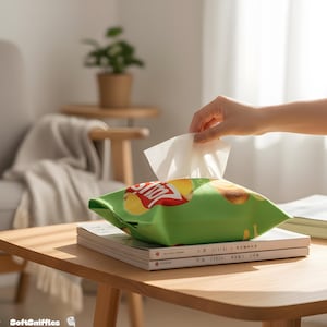 Könnte beinhalten: Eine grüne Taschentuchbox-Hülle, die einem Chipstüten-Design nachempfunden ist, mit einem rot-gelben Logo. Die Taschentuchbox liegt auf Büchern auf einem Holztisch. Eine Hand zieht ein Taschentuch aus der Box.