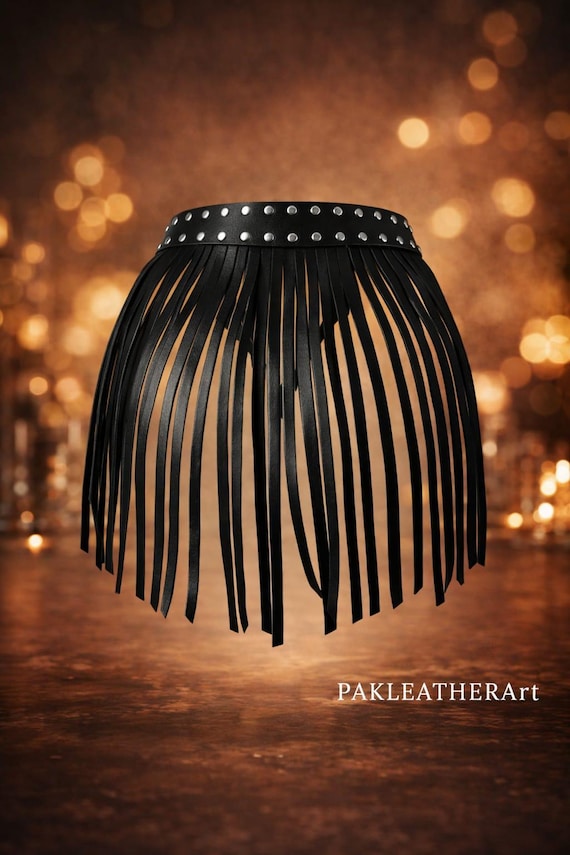 Black Fringe Belt Skirt, Studded Waistband, Festival Rave 