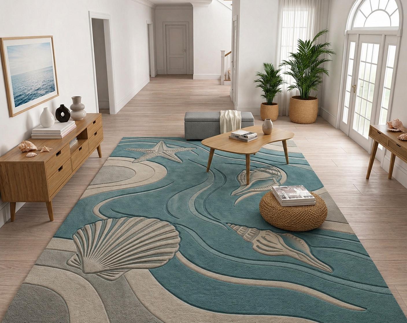 Coastal Beach Rug, Ocean Inspired Area Rug, Seashell Starfish Carpet ...