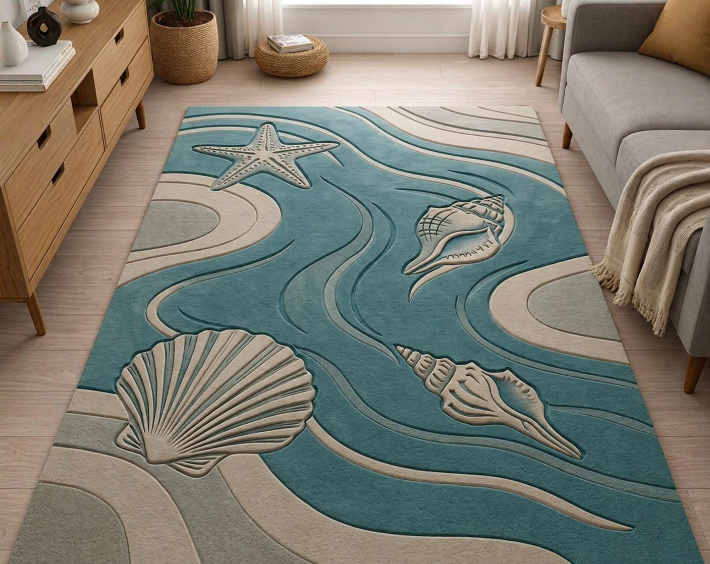 Coastal Beach Rug, Ocean Inspired Area Rug, Seashell Starfish Carpet ...