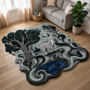 May include: A large, irregularly shaped area rug featuring a forest scene with a central grey deer, a dark green tree, and a deep blue pond. The design incorporates swirling, layered patterns in shades of sage, forest green, and charcoal grey.