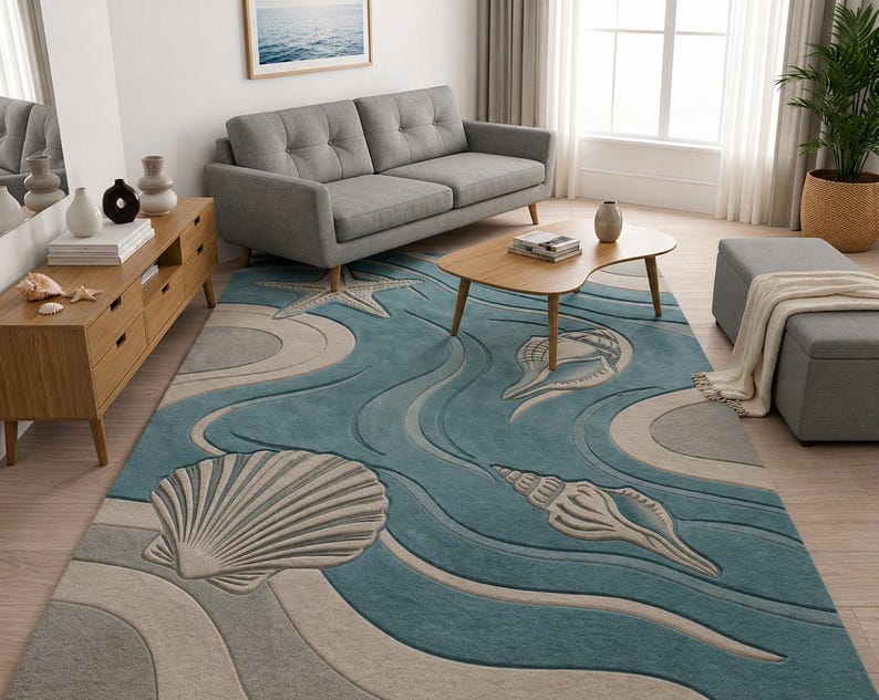 Coastal Beach Rug, Ocean Inspired Area Rug, Seashell Starfish Carpet ...