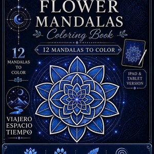 Puede incluir: Un libro para colorear titulado "Geometric Flower Mandalas" con un diseño floral azul y blanco en la portada. La portada incluye el texto "12 Mandalas para colorear" y "Versión para iPad y tableta". El tema del libro es la creatividad y la relajación.