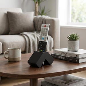 May include: A black remote control holder with a remote inside, on a wooden coffee table. The remote has a white top with numbered buttons and a black bottom with coloured buttons. A mug and a succulent in a pot are also on the table.