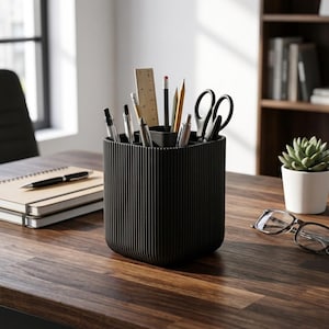 May include: A black desk tidy with vertical ribbed detailing, holding pens, pencils, a ruler, and scissors. The organiser sits on a wooden desk next to a notebook, a succulent in a white pot, and eyeglasses.