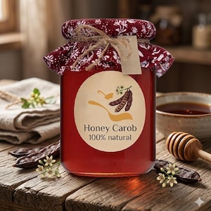 May include: A glass jar filled with honey carob, sealed with a floral fabric lid and tied with twine. The jar has a round label with the text "Honey Carob 100% natural" and a carob illustration. A wooden honey dipper and a bowl of honey are in the background.