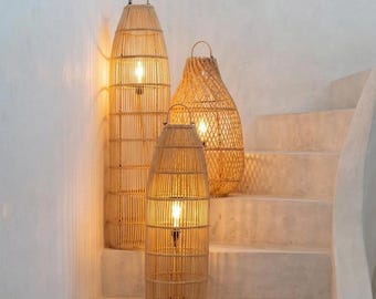 Handwoven Rattan Floor Lamp, Boho Woven Lantern, Tall Bamboo Light, Warm Ambient Decor