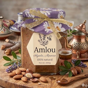 Puede incluir: Se muestra un tarro de Amlou, una mantequilla de almendras natural de Agadir, Marruecos. El tarro está sellado con una tela floral morada y una cinta dorada. Almendras, una cuchara de madera con Amlou y un vaso pequeño de té están dispuestos alrededor del tarro.