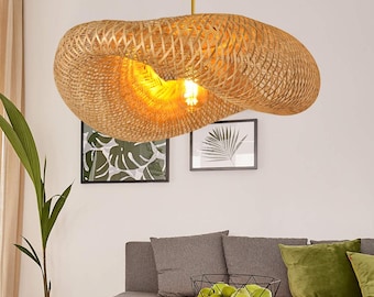 Large Rattan Pendant Light, Organic Wave Chandelier, Boho Bamboo Ceiling Lamp, Japandi Decor