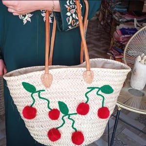 Handwoven Moroccan Straw Tote Bag – Cherry Pom Pom Boho Beach Basket