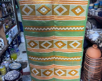 Handwoven Moroccan Berber Runner Rug, Mustard Yellow Geometric Wool Carpet