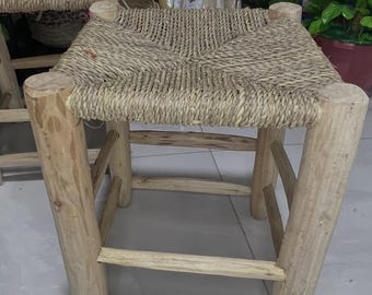 Handgemaakte Marokkaanse laurierhouten stoel, boho-stoelen met boucherouite-koord