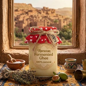 Puede incluir: Un tarro de ghee fermentado marroquí con tapa de lunares rojos y blancos, atado con hilo. La etiqueta dice "Moroccan Fermented Ghee 100% natural". El tarro está sobre una alfombra estampada, con un cuenco pequeño de sal y hierbas.