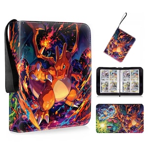 May include: A black zipped trading card binder featuring a vibrant illustration of a fire-breathing dragon character on the cover. The set includes a matching wrist strap and internal clear plastic sleeves for organising cards, with additional character art.