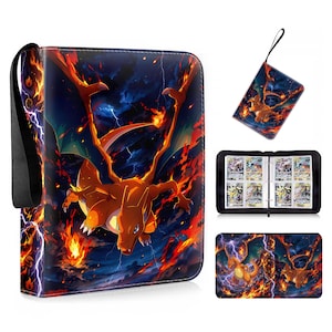 May include: A trading card binder featuring a graphic of a winged orange dragon surrounded by flames and lightning. The binder includes a black wrist strap, a zippered closure, and internal plastic sleeves for organizing cards in a grid layout.