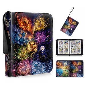 May include: A rectangular trading card binder featuring a vibrant, multi-colored illustration of various Eevee evolutions surrounded by elemental energy effects. The binder includes a black carrying strap, a zipper closure, and internal plastic sleeves.
