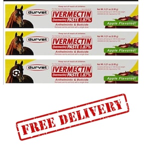 May include: Three tubes of Durvet Ivermectin Paste 1.87% for horses, apple flavored. Each tube is 0.21 oz (6.08 g). The tubes have a horse graphic and the text "Ivermectin Paste 1.87%" and "Apple Flavored!"