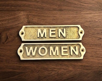 Solid Brass Restroom Sign Set | Vintage Men Women Door Plaque, Antique Gold