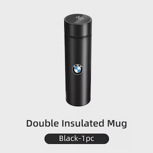 May include: A black double insulated mug with a digital temperature display on the lid. The mug features the BMW logo and the text "Double Insulated Mug" and "Black-1pc".