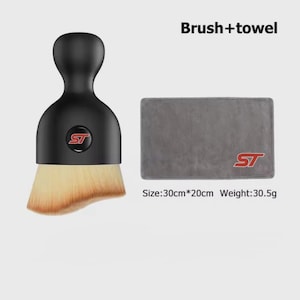 May include: A black brush with a light brown brush head and a grey towel. Both items have a red and white "ST" logo. The towel measures 30cm x 20cm and weighs 30.5g. The text "Brush+towel" is at the top.