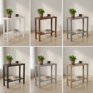 May include: A collection of six rectangular console tables in various finishes, including white, dark wood, grey, black, light grey, and light wood. Each table features four straight legs, a flat top surface, and a lower shelf for storage.
