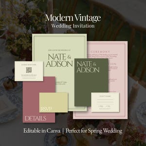 May include: A selection of wedding invitation cards in shades of green, pink, and cream. The words "Modern Vintage Wedding Invitation" are at the top. The names "Nate & Adison" are featured on several cards. The text "Editable in Canva" is at the bottom of the image.