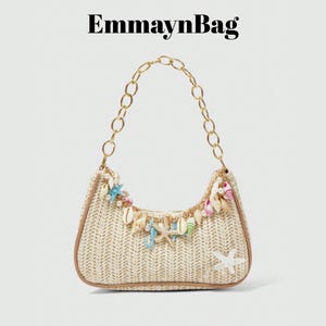 Sac à épaule en paille coquillage avec poignée chaîne dorée