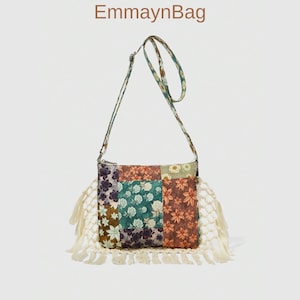 Patchwork Blumen Umhängetasche Baumwolle Boho Fransen Schultertasche